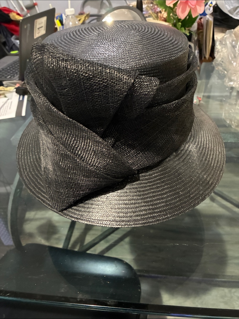 Neiman Marcus Black Women's Dress Hat with Draped Bow